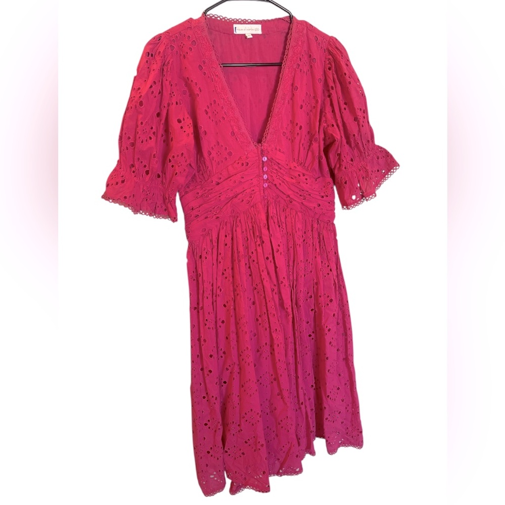 HOUSE OF HARLOW Cotton Eyelet Lace Trim Midi Dress in Hollyhock Pink  Size Med